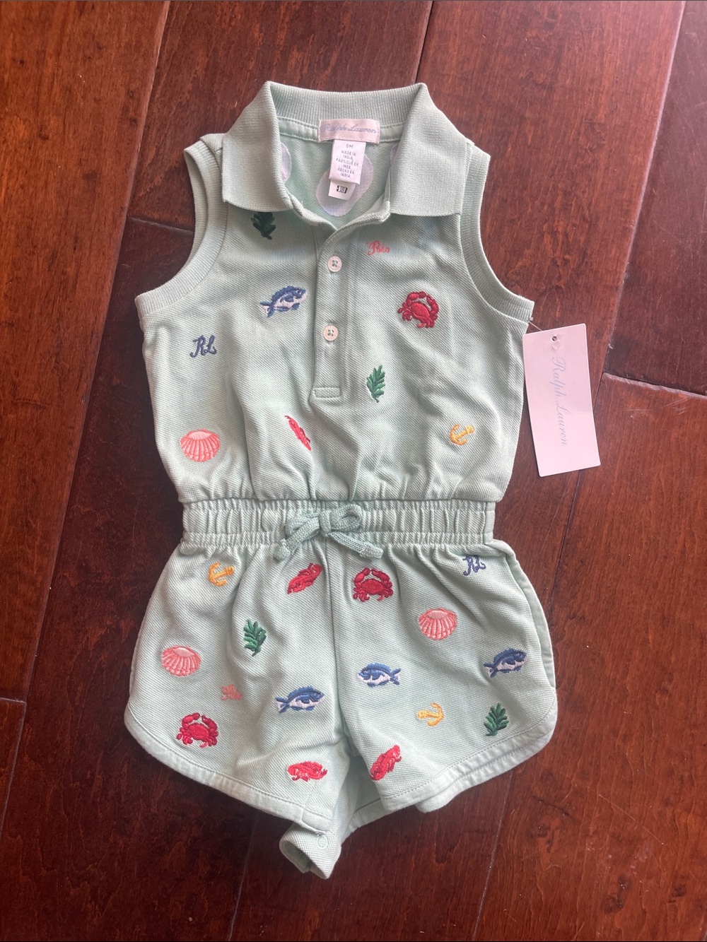 NWT Ralph Lauren Girls Size 6 Months Light Green Sleeveless Polo Romper